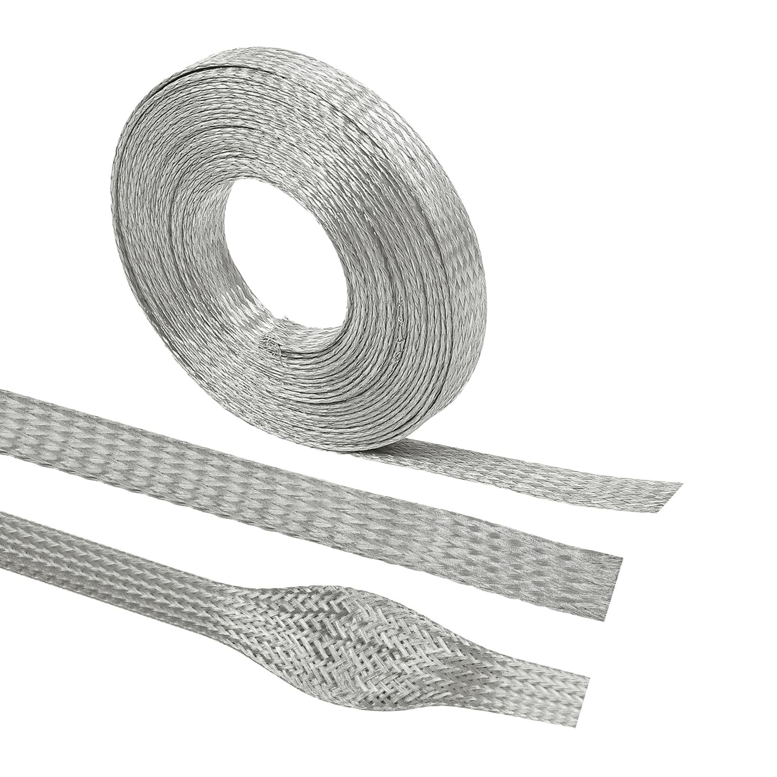 Tinned Copper Grounding Braid Straps – 15ft Shielding Wire, 1/2″ Wide, 0.32″ ID