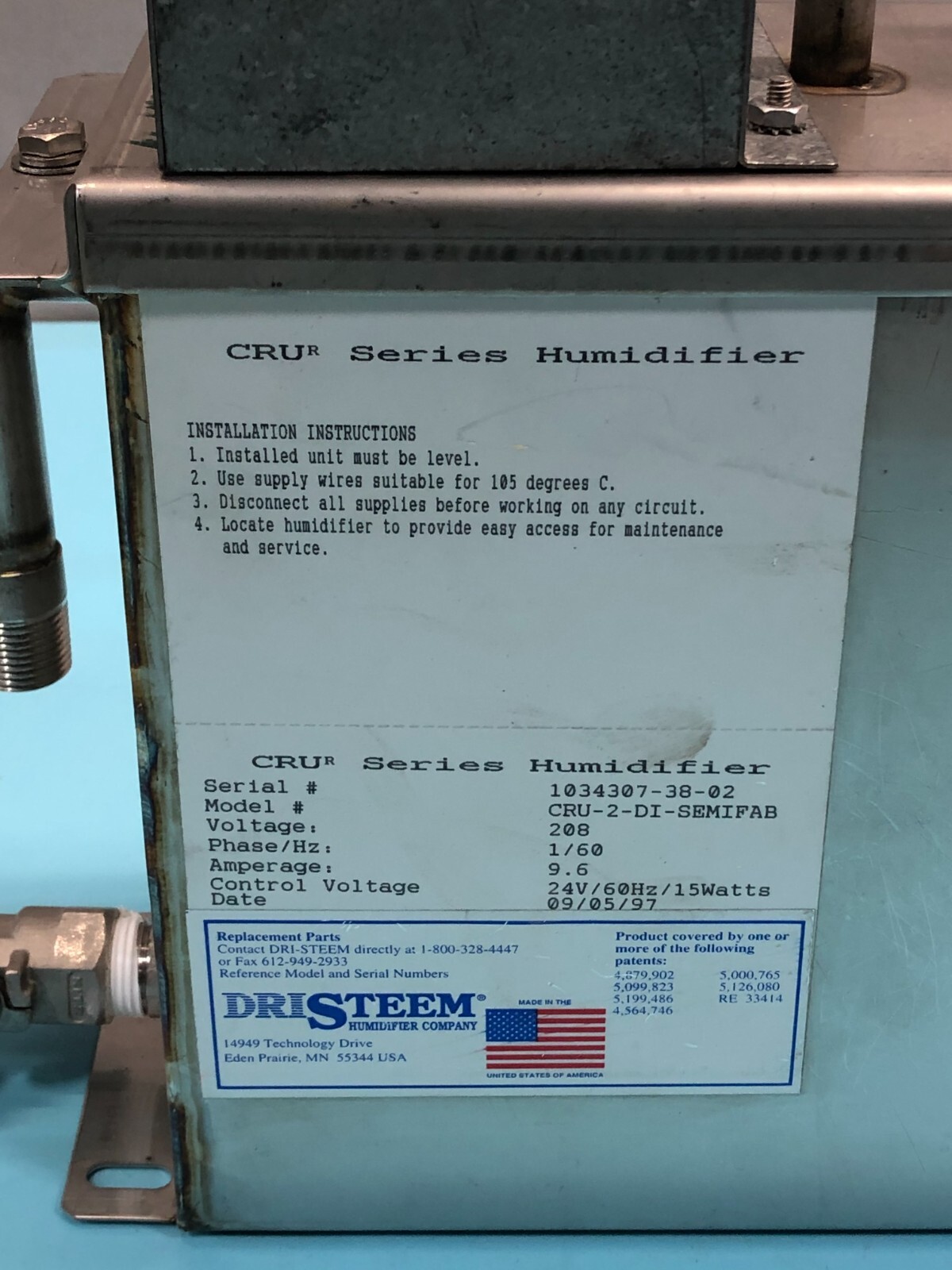 DriSteem CRU-2-DI-SEMIFAB CRU Series Humidifier, CT1380-101628-11, 208V, 144728