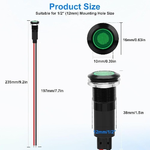 12mm 12 24V LED Indicator Light IP67 Waterproof Indicator Light Pilot Dash Head