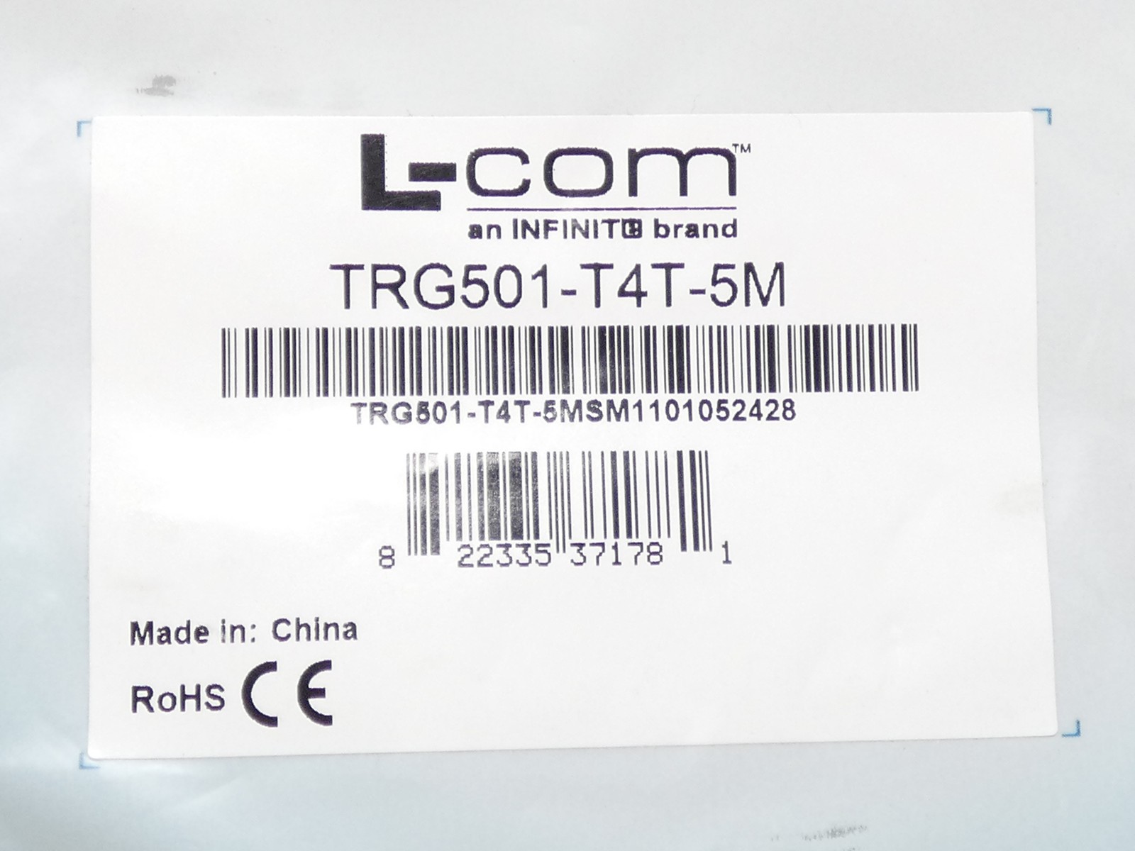 L-Com TRG501-T4T-5M Cat5e M12 Ethernet Patch Cable 5M – NEW Surplus!