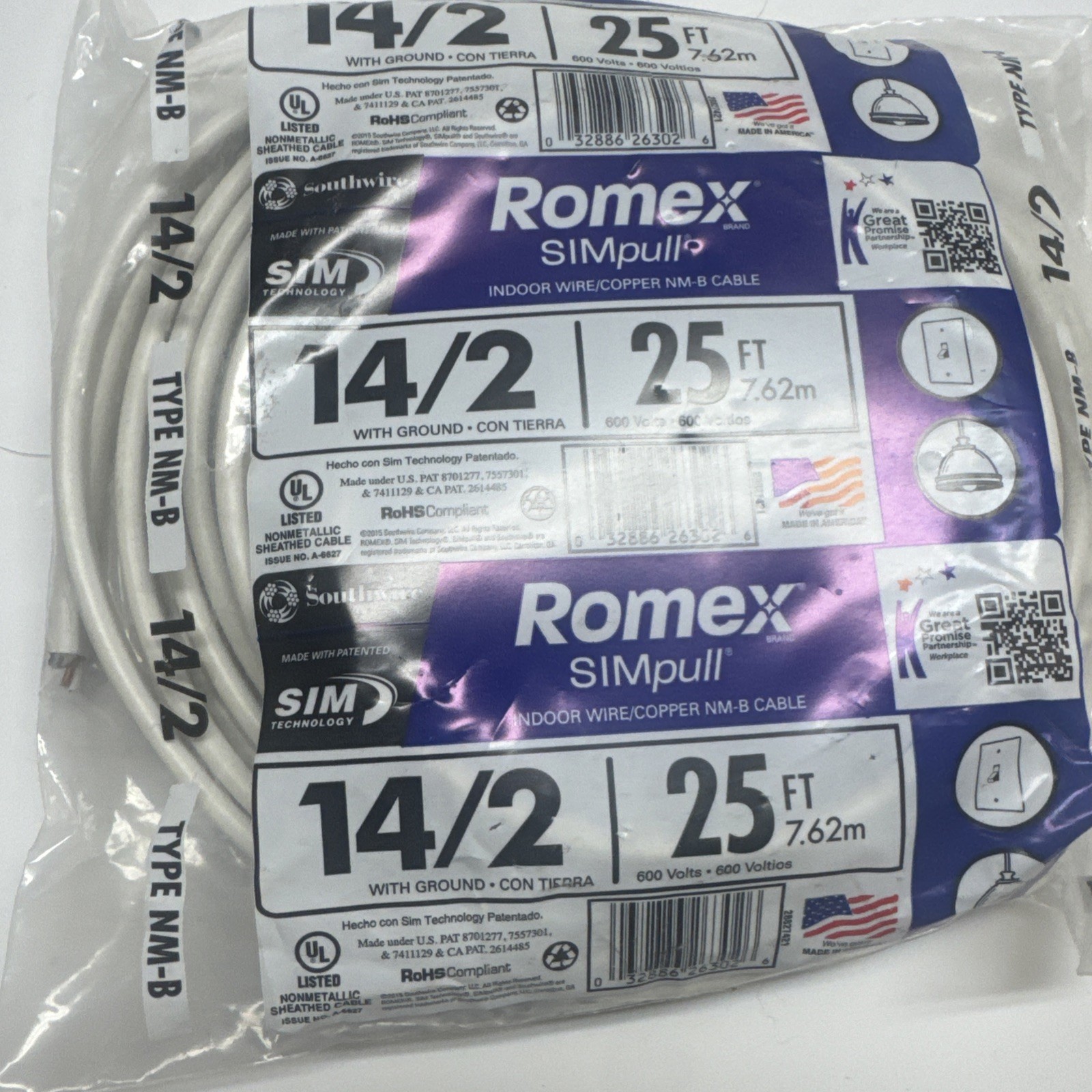 Romex-28827421 NMB W/G Wire, 25′ 14/2 – White – 25 Foot Southwire