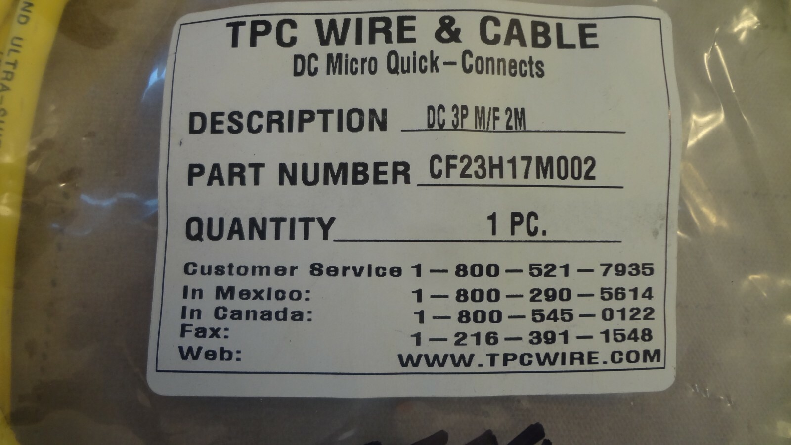 TPC Wire & Cable Part # CF23H17M002 Desc. DC 3P M/F 2M
