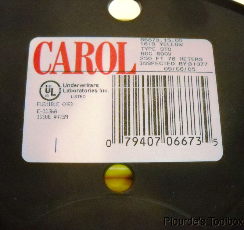 New Carol Cable 250′ Spool Portable Power Cord, 3 Wire, 16AWG, 600V, 86673.15.05