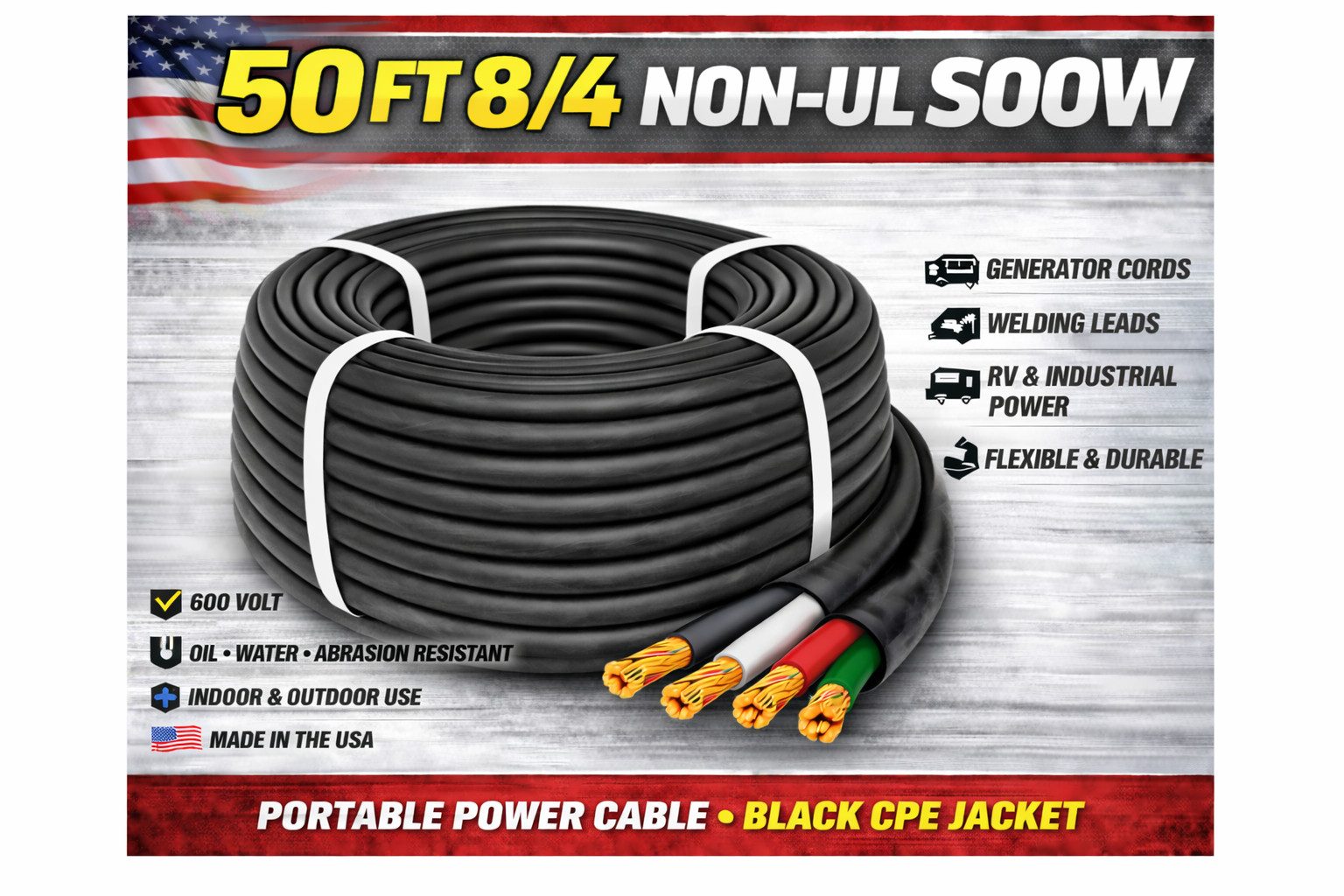8/4 SOOW Portable Cord 50FT 600V Non UL Black Flexible Cable USA Made