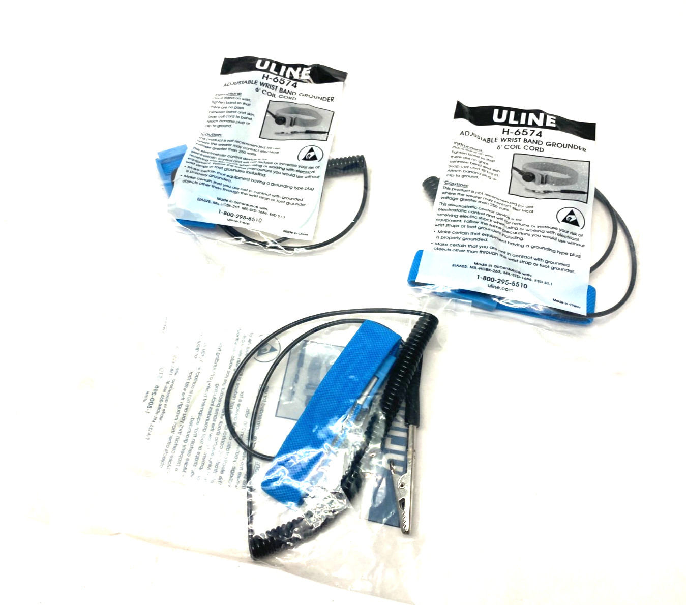 Uline H-6574 Adjustable Wrist Band Grounding Strap 6′ Coil Cord LOT OF 3