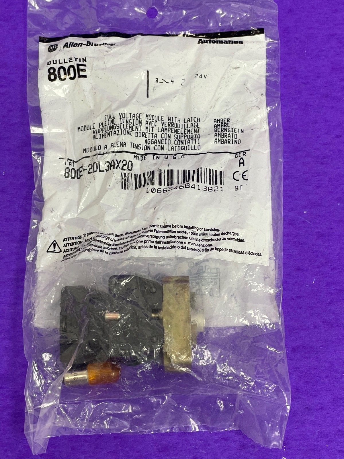 Allen Bradley 800E-2DL3AX20 Full Voltage Module 24V AC/DC Amber w/ Latch