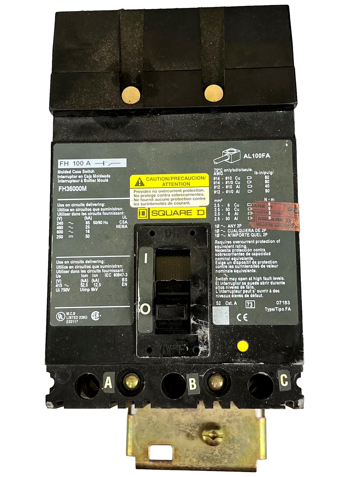 FH36000M, Schneider Electric, AUTOMATIC MOLDED CASE SWITCH 600V 100A