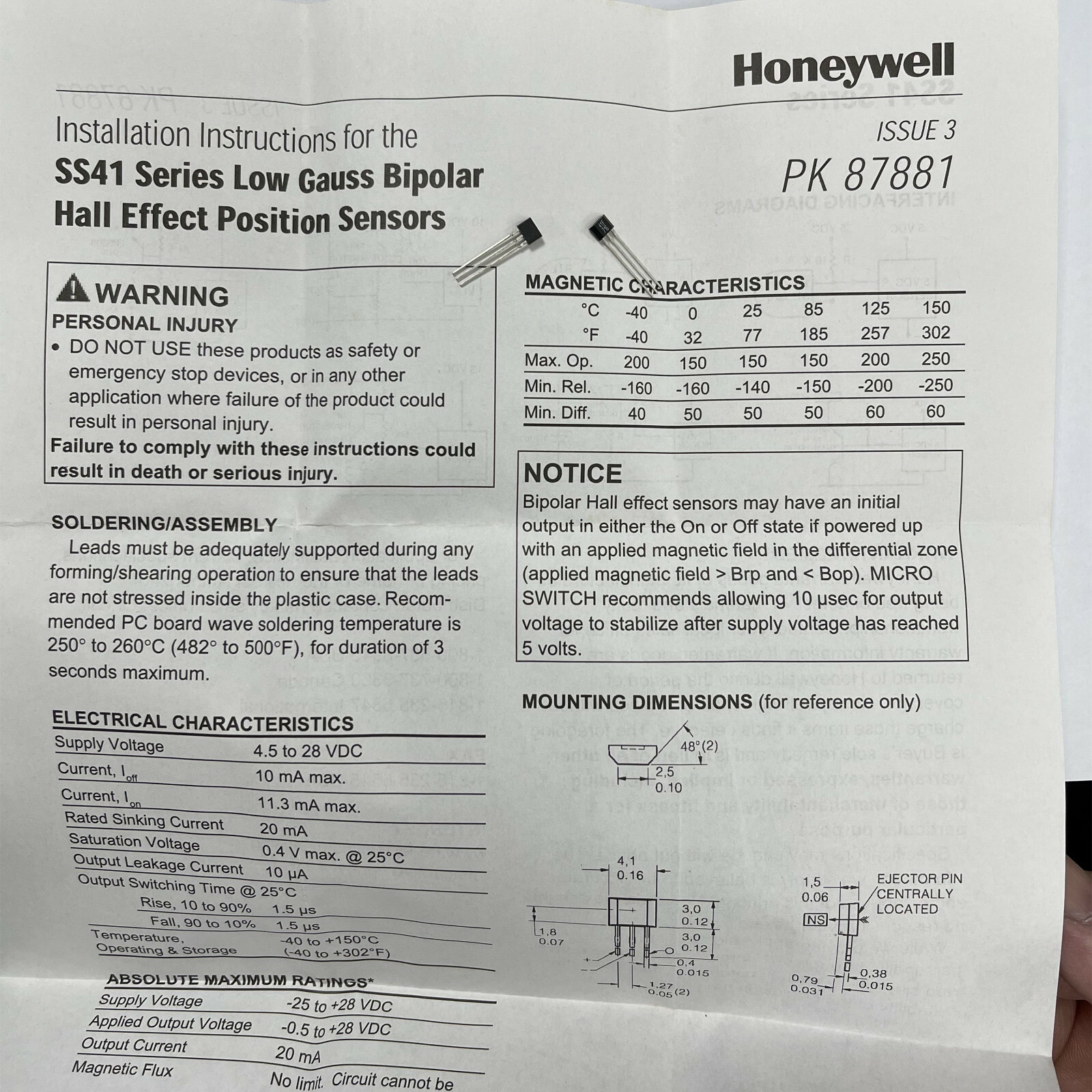 10PCS SS41F SS41 41F Honeywell Hall Effect Sensors TO-92S 100% new and original