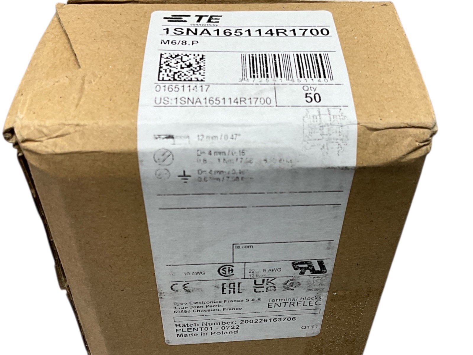 TE Connectivity 1SNA165114R1700 Entrelec Ground Terminal Blocks DIN Rail (Box 50