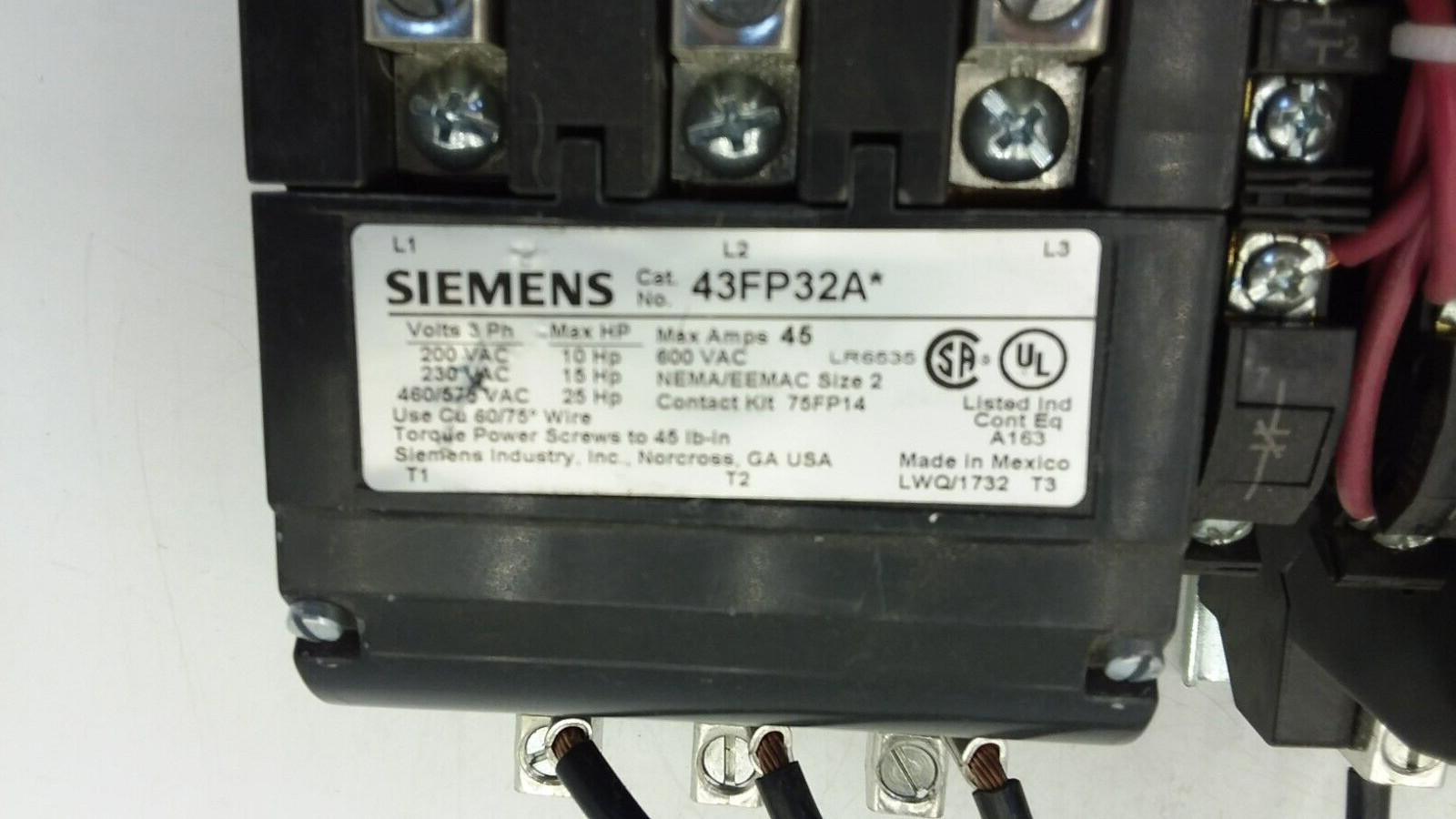 SIEMENS 43FP32AF CONTACTOR-REV OPEN 110/120VAC 50/60HZ 45AMP MAX SIZE 2 NNB