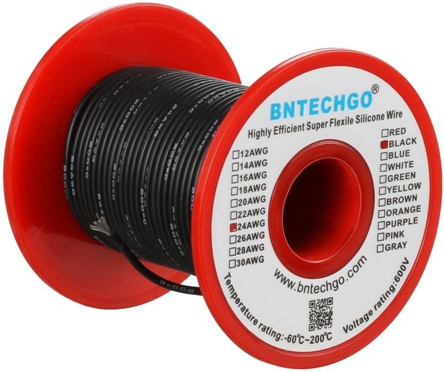 24 Gauge Silicone Wire Spool 100 ft Black Flexible 24 AWG Stranded Tinned Cop…