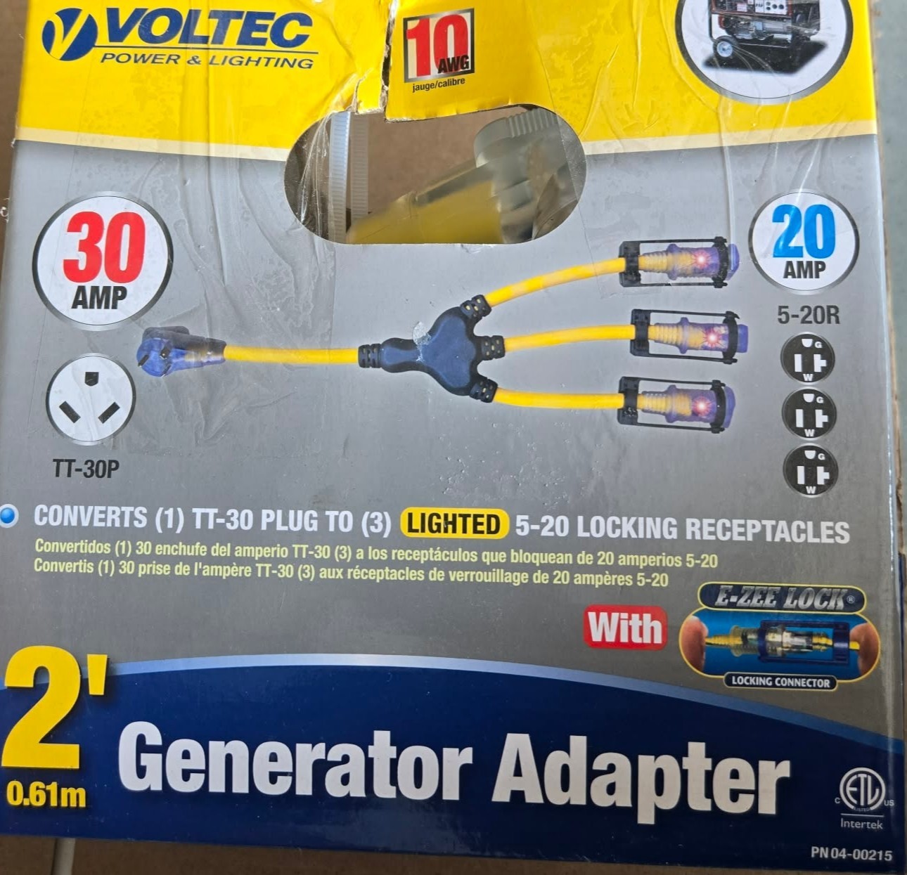 Voltec 04-00215 2′ W Generator Adapter TT-30P to (3x) 5-20R with E-Zee Lock NEW