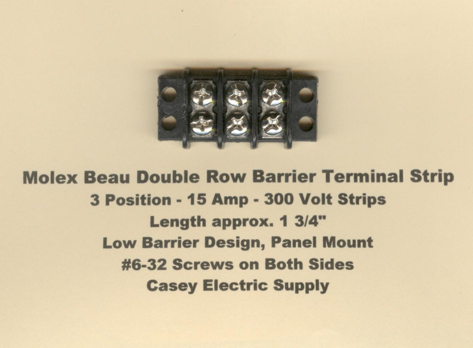 MOLEX / BEAU 15 Amp Double Row Terminal Barrier Strip Block 3 Position