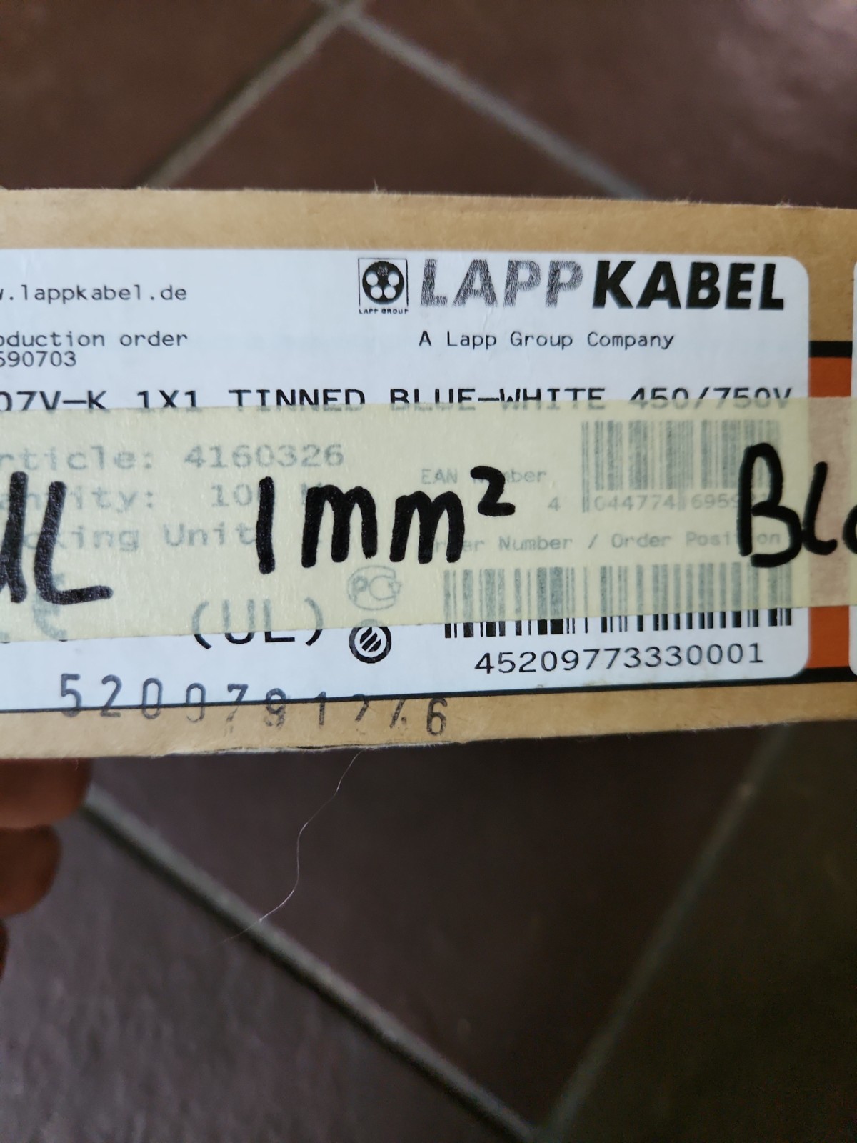 Lapp Kabel X07V-K 1X1 TINNED BLUE 450/750V 18awg 100 meters 4160314