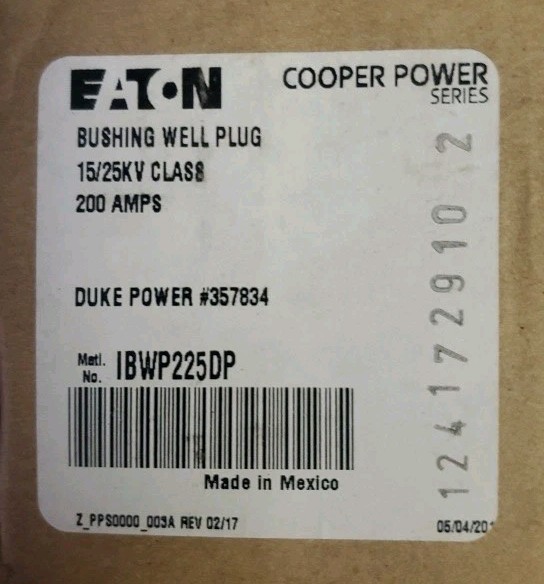 Eaton IBWP225 Bushing Well Plug 200A 15/250KV Class