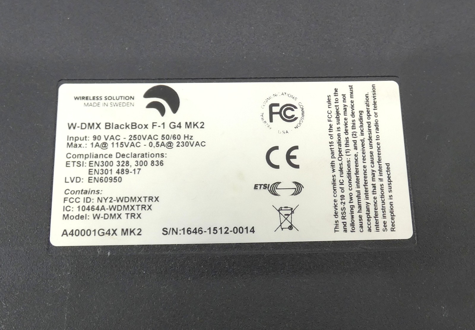 Wireless Solutions W-DMX G4 Blackbox Wireless Transmitter Tx Rx 90-250VAC 50/…