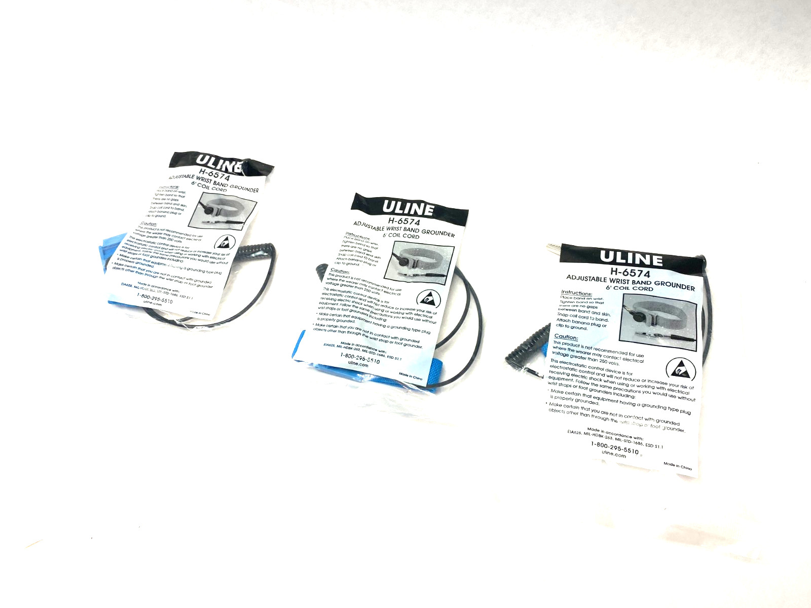 Uline H-6574 Adjustable Wrist Band Grounding Strap 6′ Coil Cord LOT OF 3