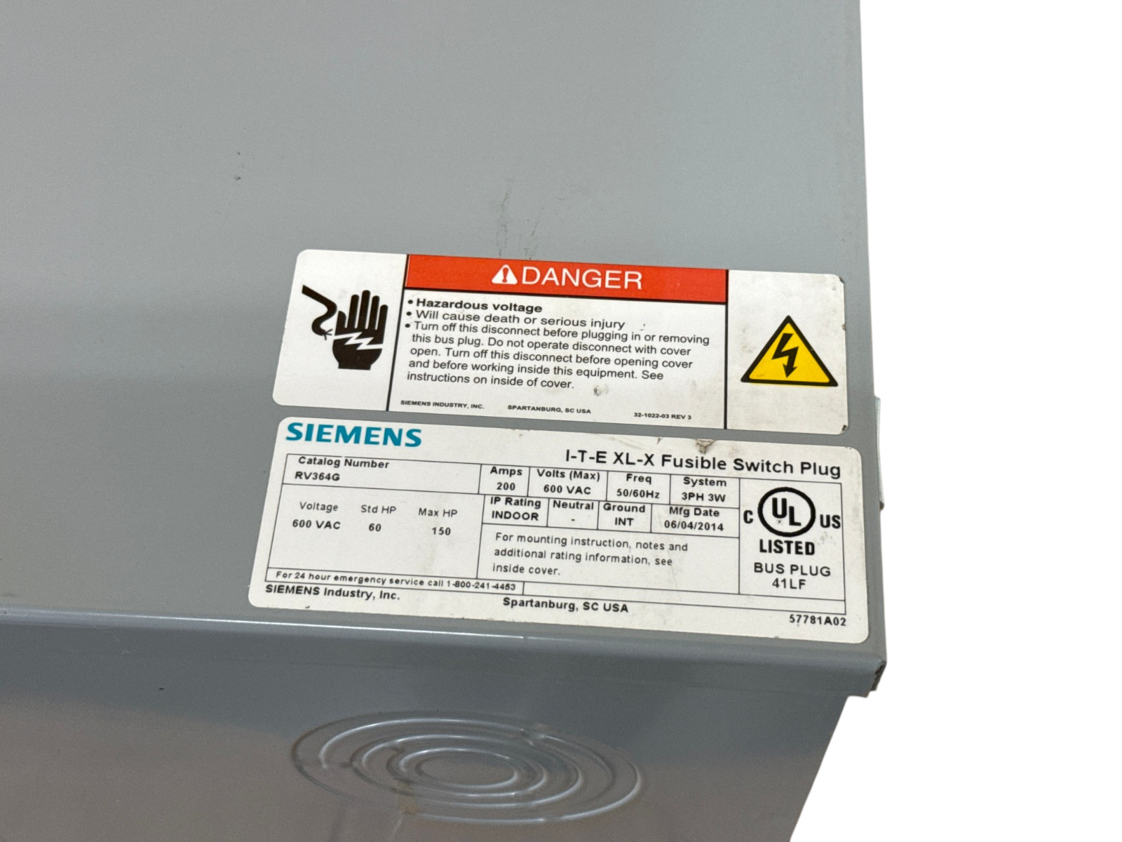 SIEMENS ITE RV364G 200A 600V 3-PHASE XL-X FUSIBLE BUS PLUG VACU-BREAK NEW