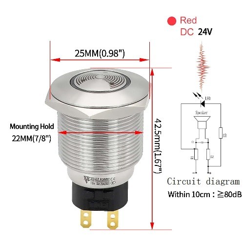 UL Listed 22mm Red LED Buzzer Alarm Sounder 24V DC Indicator Li Size: 22MM 24V