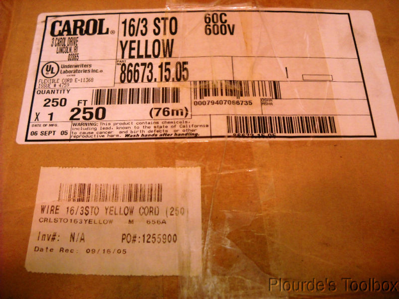 New Carol Cable 250′ Spool Portable Power Cord, 3 Wire, 16AWG, 600V, 86673.15.05