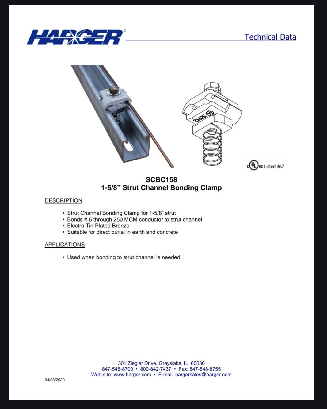 Harger SCBC158 Strut Channel Bonding Clamp 1-5/8 6AWG-250MCM Grounding Unistrut
