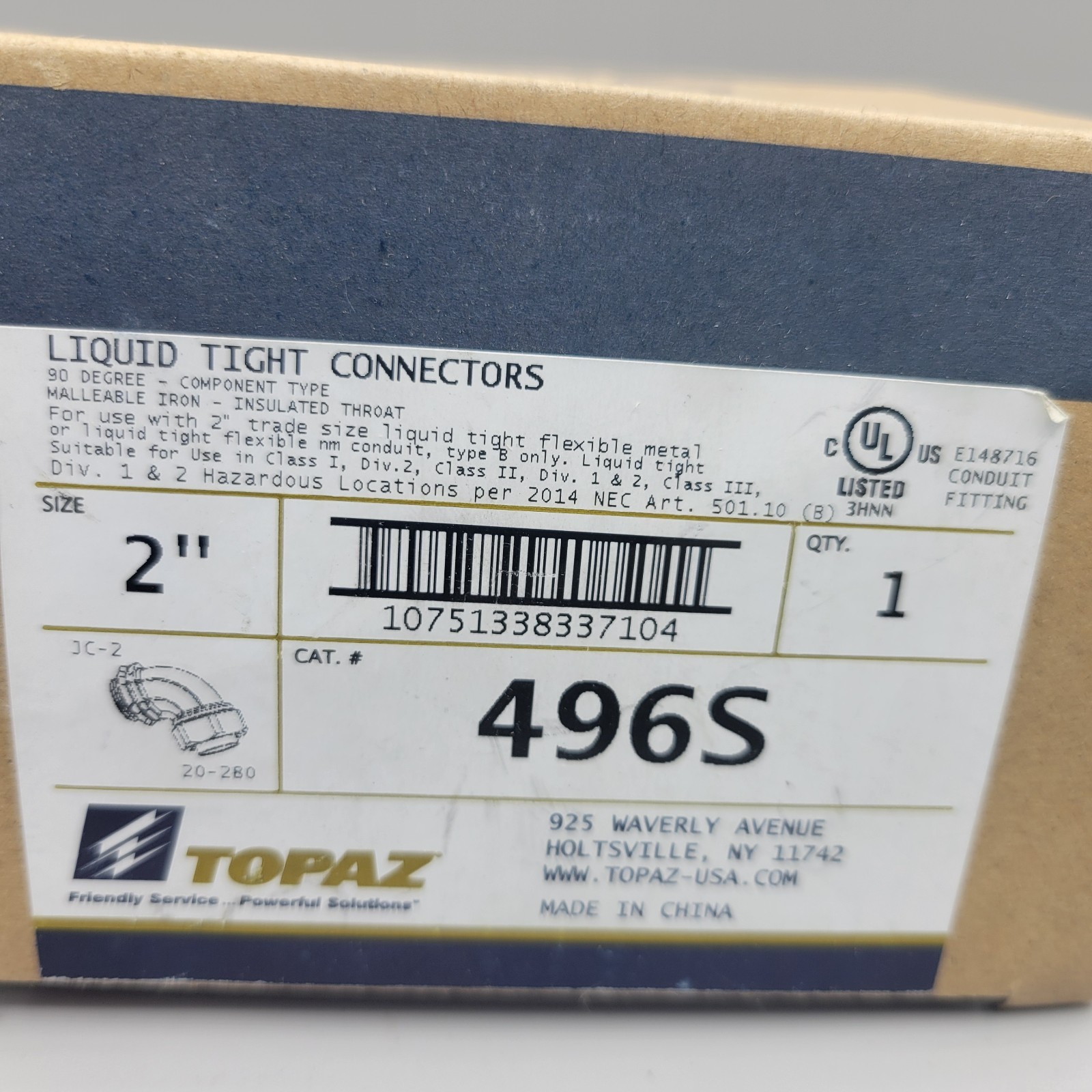 Topaz 496S 90 Degree Liquidtight Connector Malleable Iron 2″ New in Box