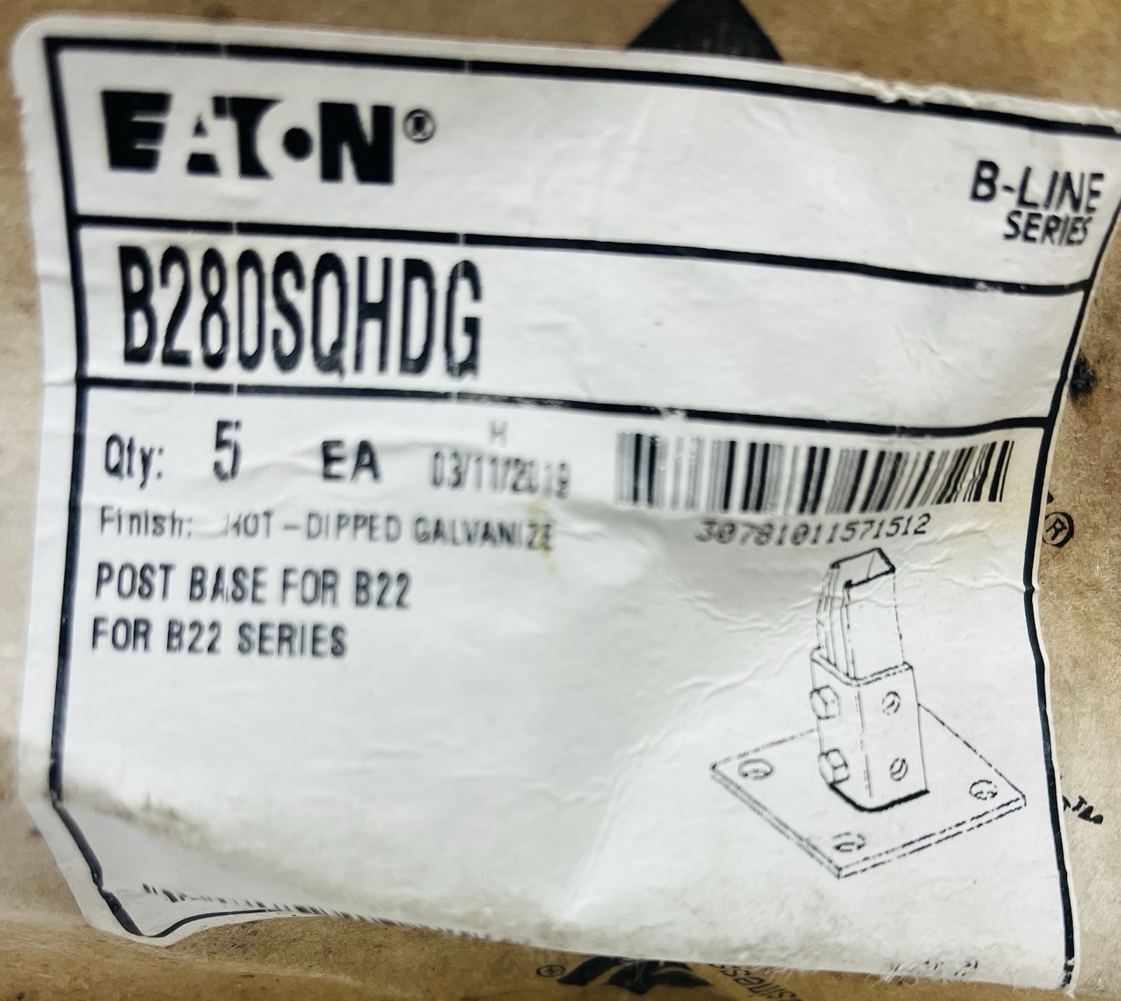 EATON CORPORATION COOPER BLINE NO. B280SQHDG POST BASE FOR 1 5/8-IN. X 1 5/8-IN.