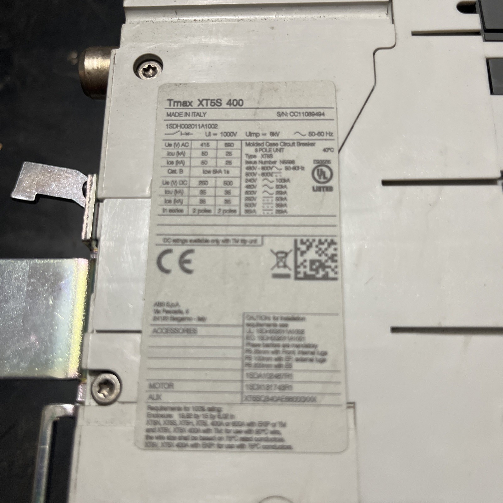 ABB Sace Tmax XT5S 400 3 Pole Unit Circuit Breaker, Used