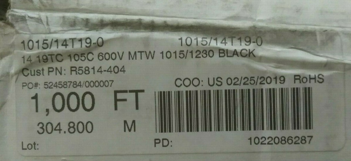 NEW 1015/14T19-0 105C 600V MTW 1015/1230 BLACK