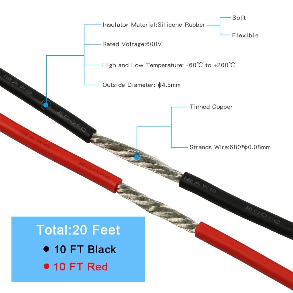 12 Gauge Silicone Wire 10 ft red and 10 ft Black Flexible 12 AWG Stranded Tin…