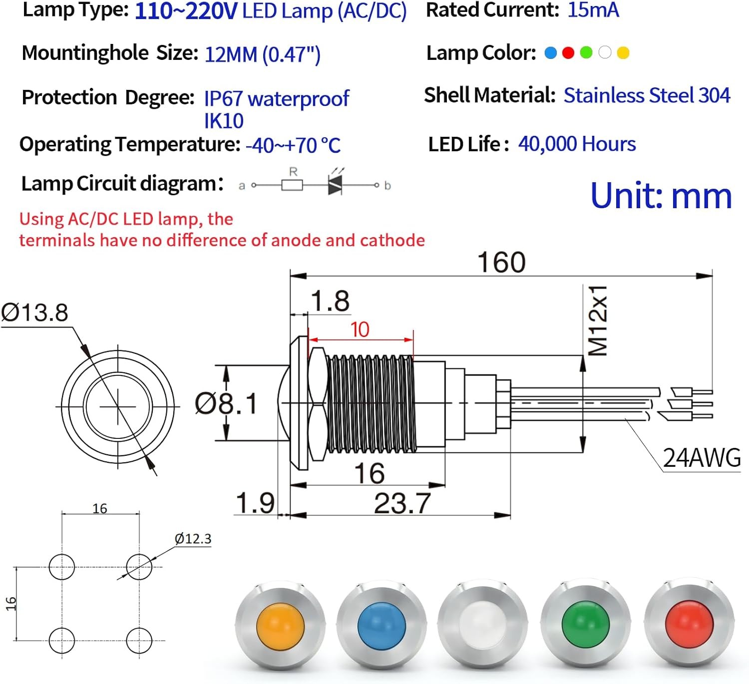 UL Listed 12mm 0.47 LED Indicator Light Indicator Light Waterproof IP67