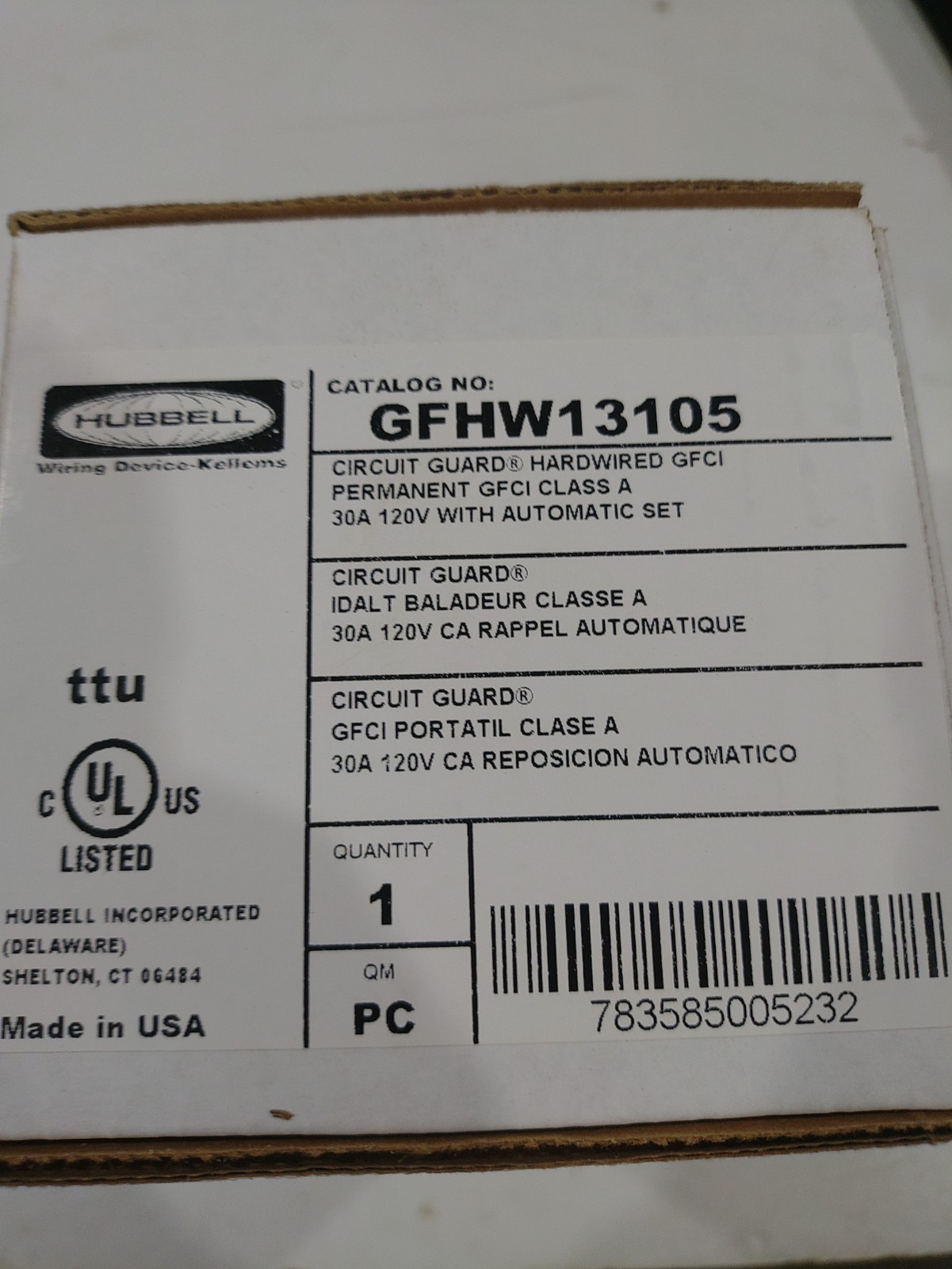 Hubbell GFHW13105 Heavy Duty Hard Wired GFCI with Automatic Set, 30A, 120V AC