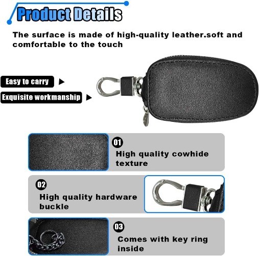 Leather Key Case with Metal Hook, Key Fob Protector Cover for Rem Color: Black
