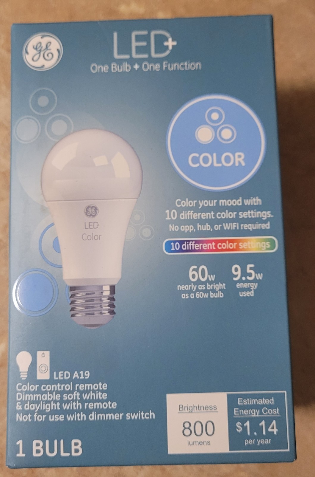 GE LED Color Changing Bulb w/ Remote, A19, 9-Watts, 800 Lumens 93128968 Dimmable