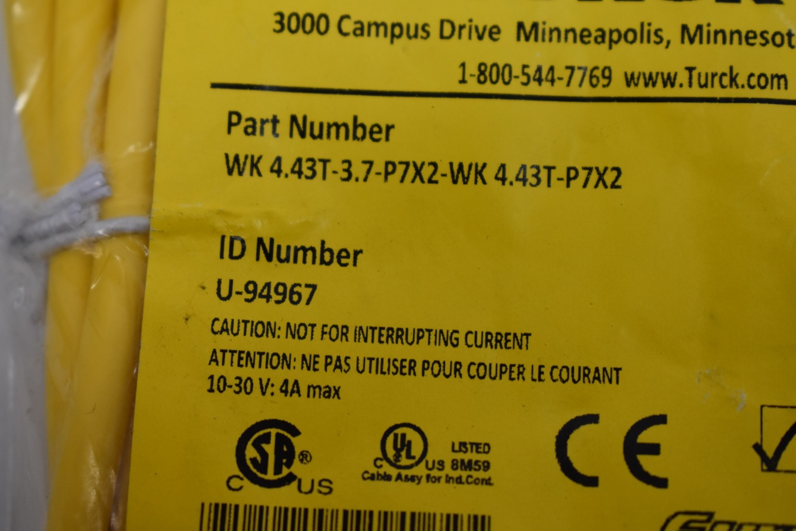 Turck Sunlight Resistant or PLTC 105C WK 4.43T-3.7-P7X2-WK 4.43-P7X2 U-94967