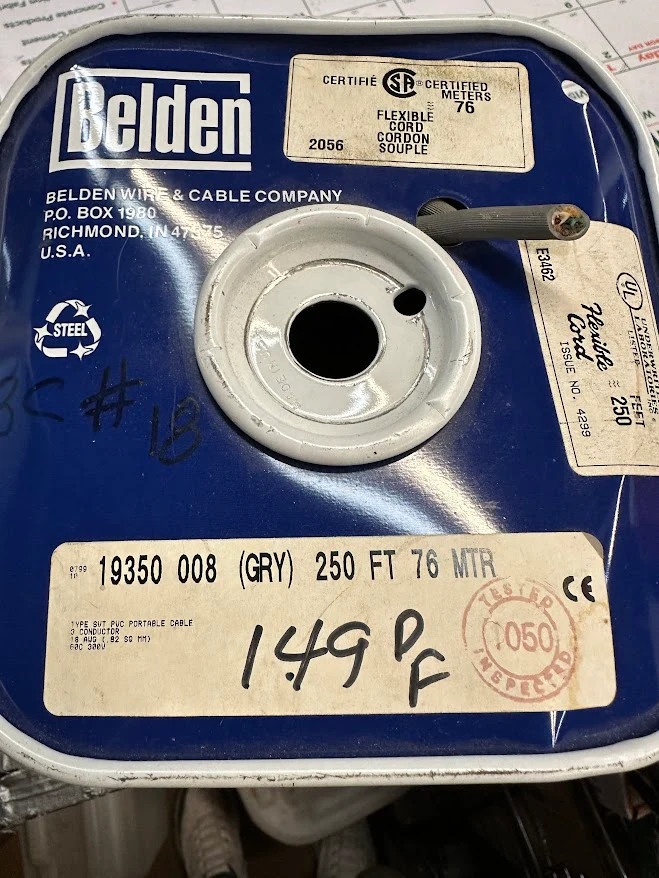 19350 – BELDEN – 250FT SPOOL – 3C 18AWG PVC PORTABLE CABLE – TYPE SVT 300V