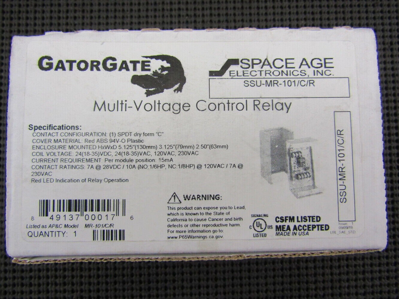 GatorGate SSU-MR-101/C/R 24V 120/230V SPDT 10A Multi-Voltage Relay – New In Box