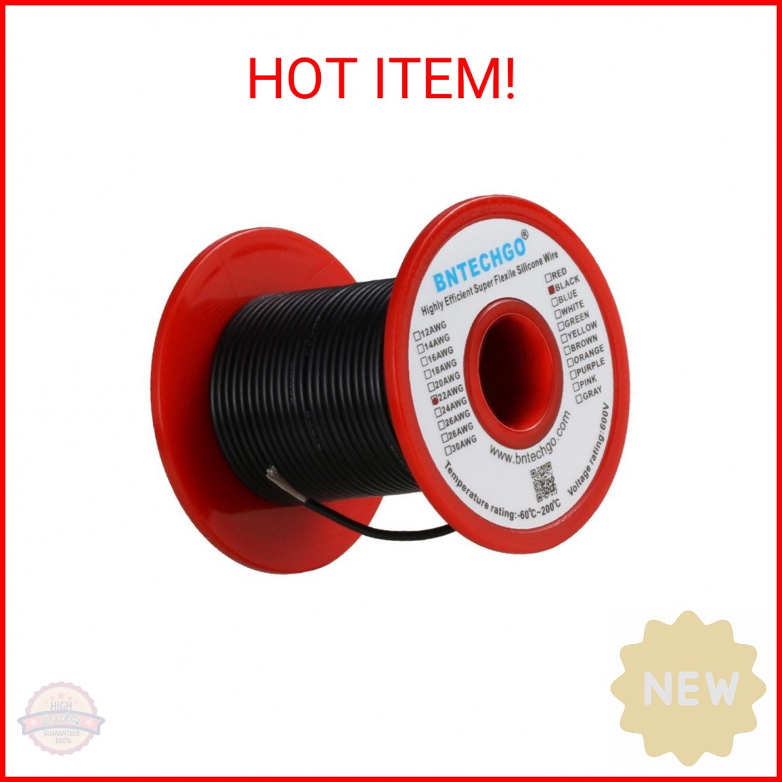 BNTECHGO 22 Gauge Silicone Wire Spool 100 ft Black Flexible 22 AWG Stranded Tinn