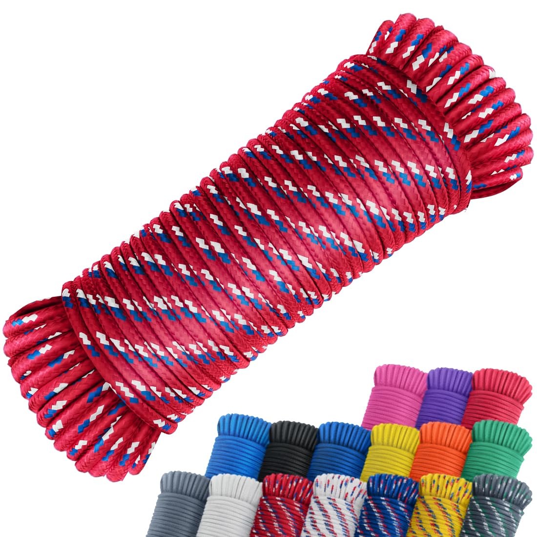SMART&CASUAL 100 ft 1/4″ Polyester Rope x 100′, Red (Blue&white)