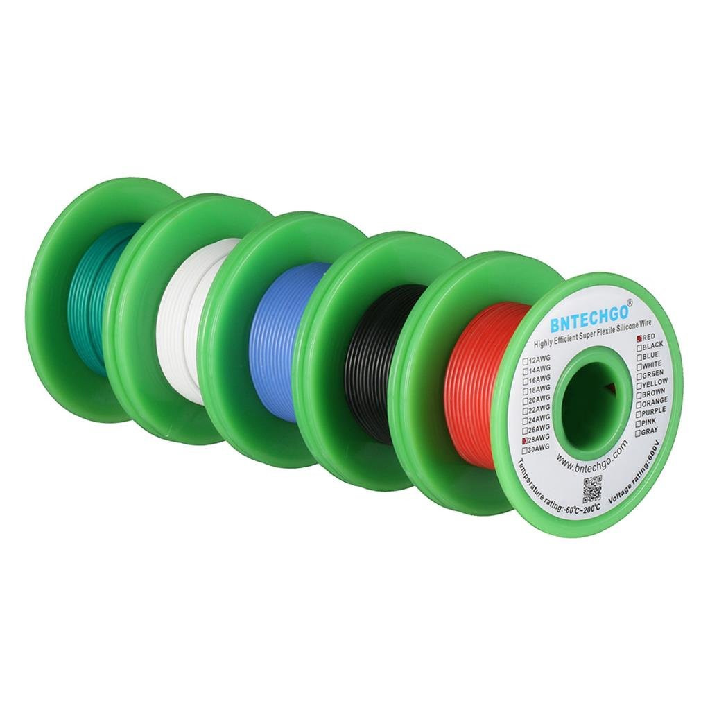 28 Gauge Silicone Wire Kit Red Black White Blue and Green Each 25Ft 28