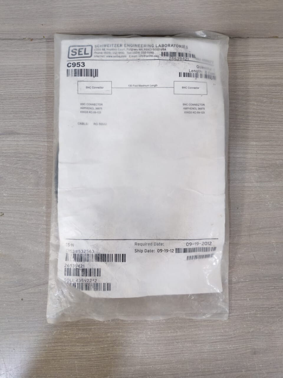 SEL RG 58A/U C953 BNC CONNECTOR 8 Feet