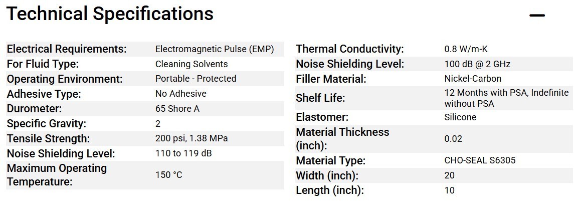 Parker Chomerics CHO-SEAL S6305 EMI Elastomer Gasket, Lot of 10 sheets 10″x20″