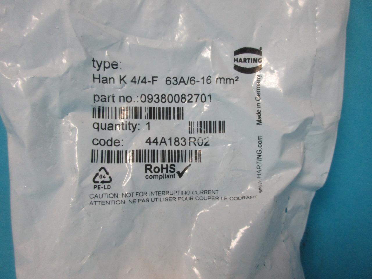 NEW HARTING 09380082701 TYPE HAN K 4/4-F 63A/6-16 MM2 FINGER PROT CONNECTOR NIP