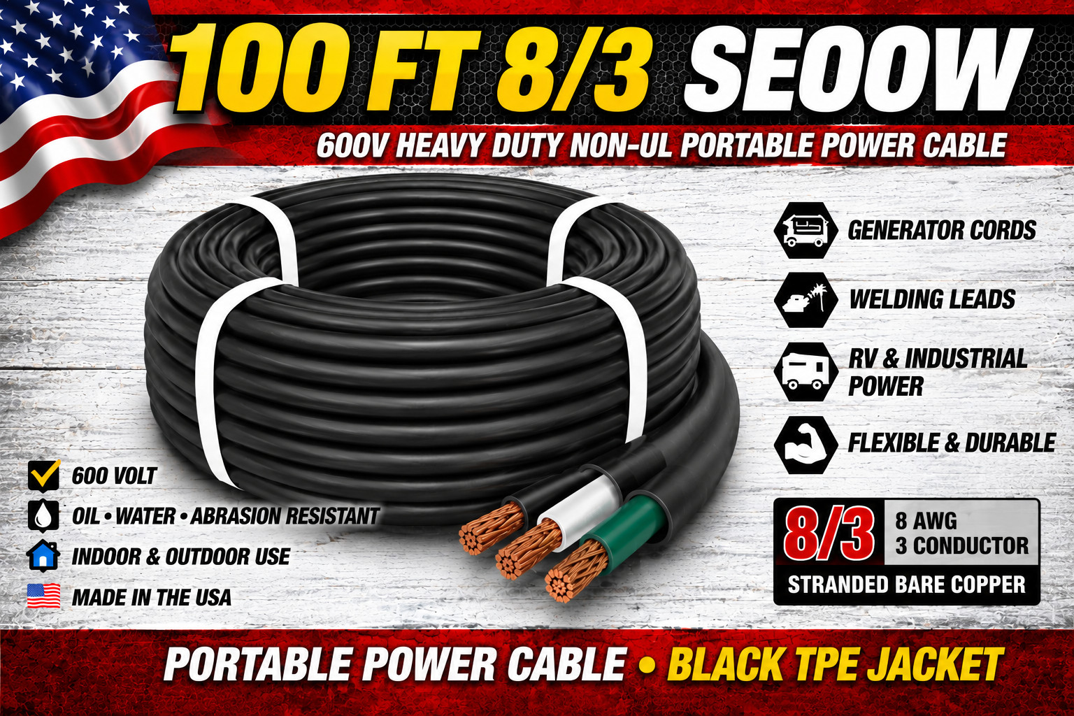 100 FT 8/3 SEOOW Cord 600V Heavy Duty Indoor Outdoor Portable Power Cable