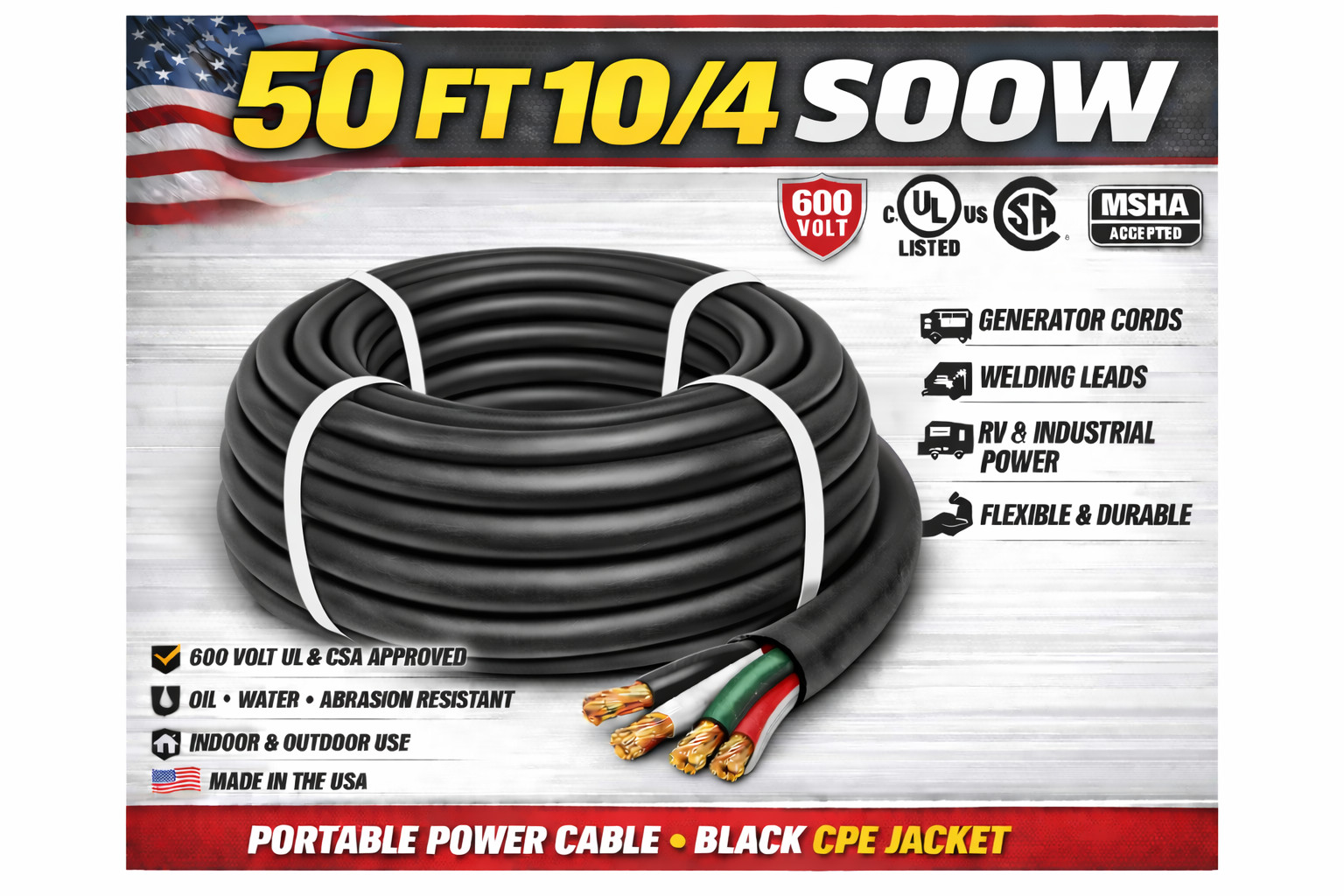 10/4 SOOW Portable Cord 50FT 600V UL CSA Black Flexible Cable USA Made