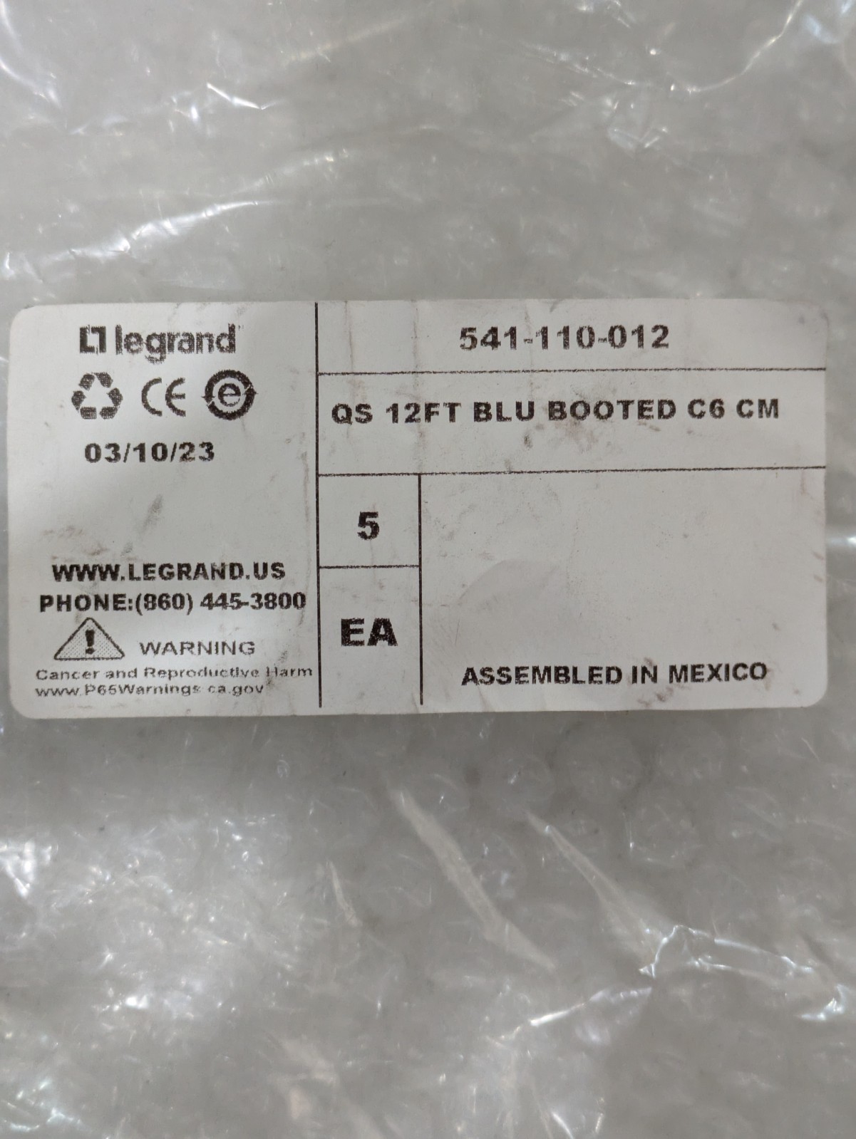 Legrand 541-110-012 Quick Set 12ft Blue Booted Cat6 Cable Pack of 5 OEM Network