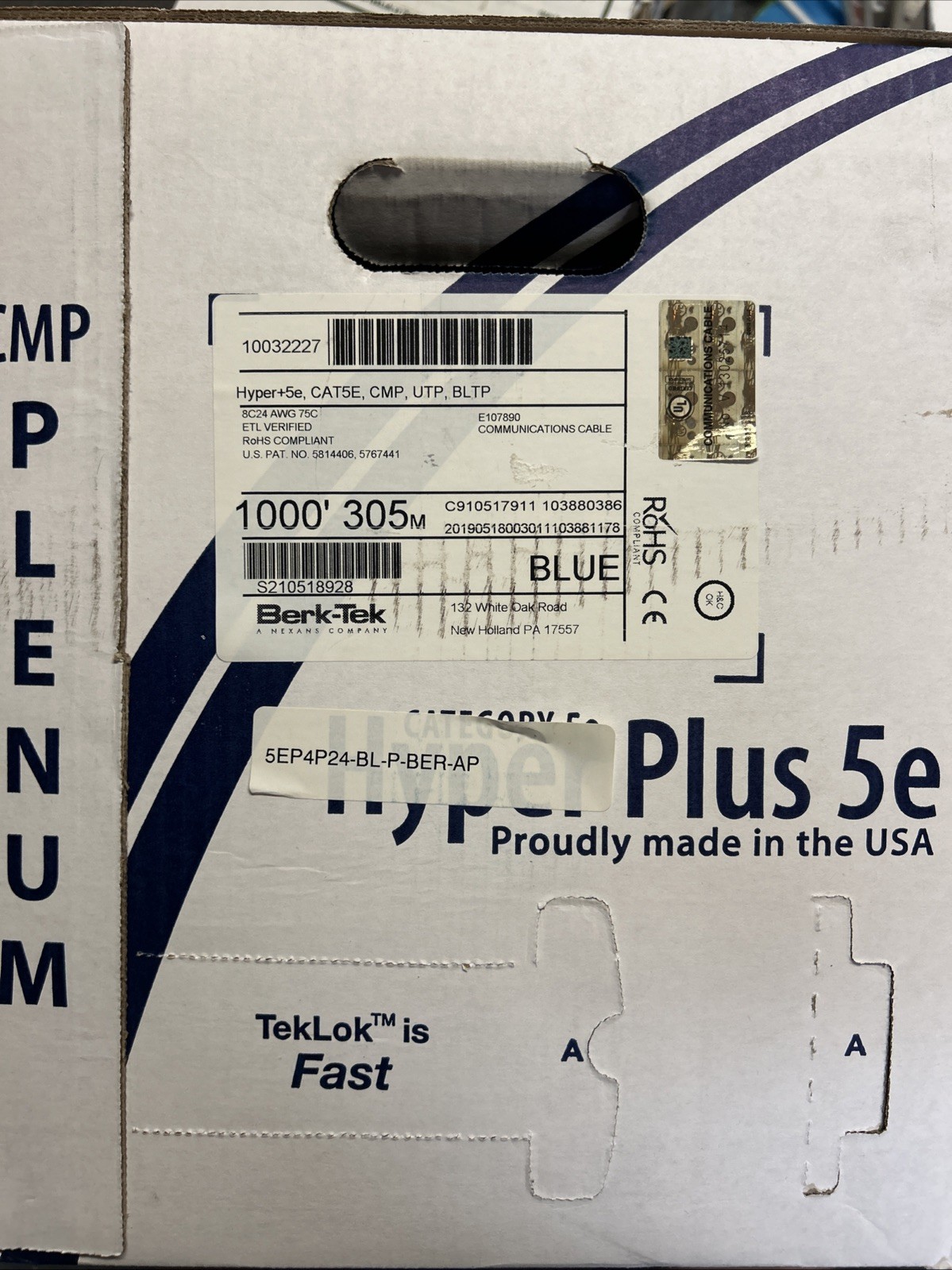 Berk-Tek 1000’ 305m Hyper+5e, CAT5E, CMP, UTP, BLTP 1032227