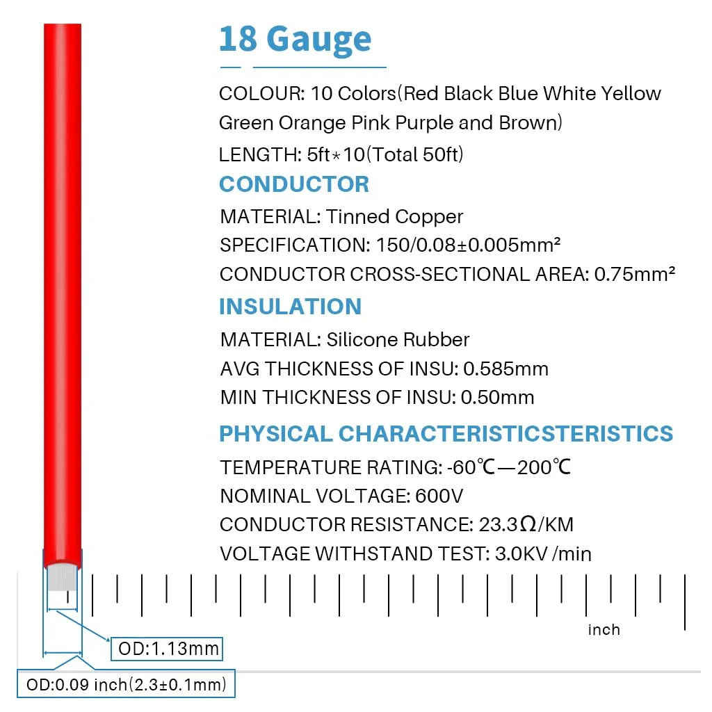 BNTECHGO 18 Gauge Silicone Wire Kit 10 Color Each 5 ft Flexible 18 AWG Stranded