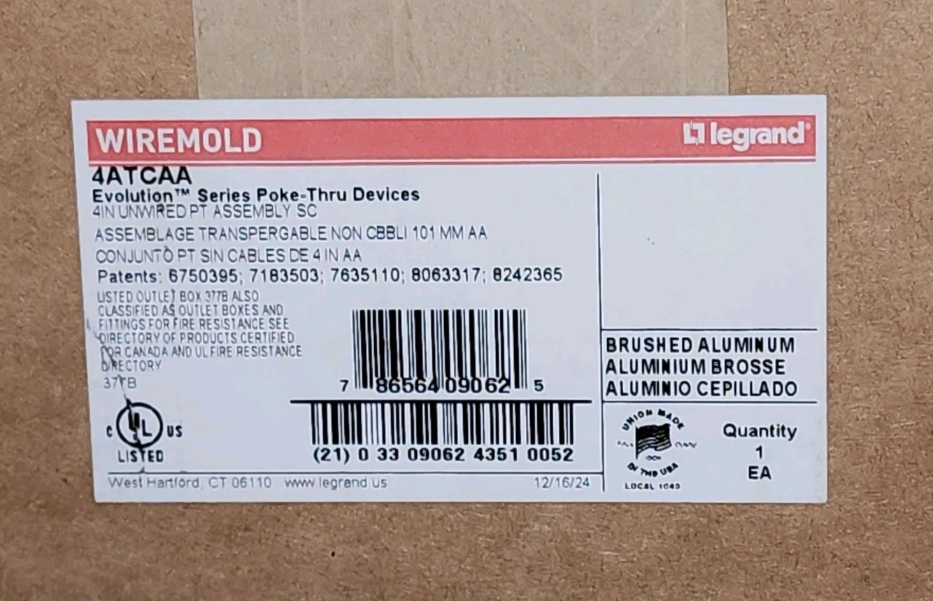 Wiremold Legrand 4ATCAA Evolution Poke-Thru floor device 4″ Brushed AL Aluminum