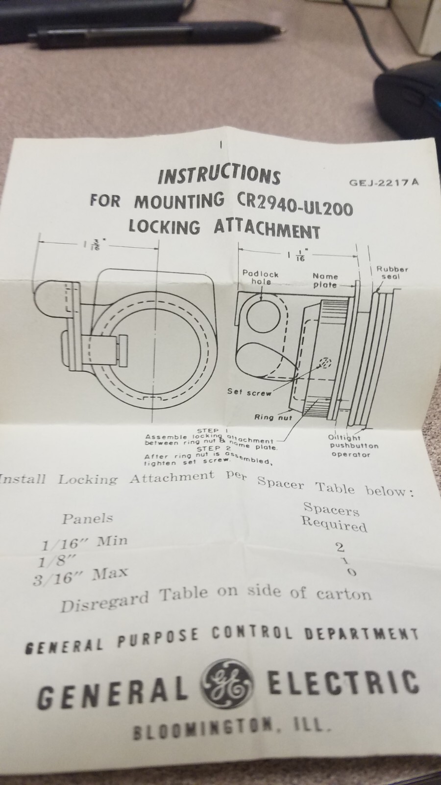 GE CR2940UL200 LOCKING DEVICE FOR PUSHBUTTON HEAVY DUTY OILTIGHT ACCESSORY